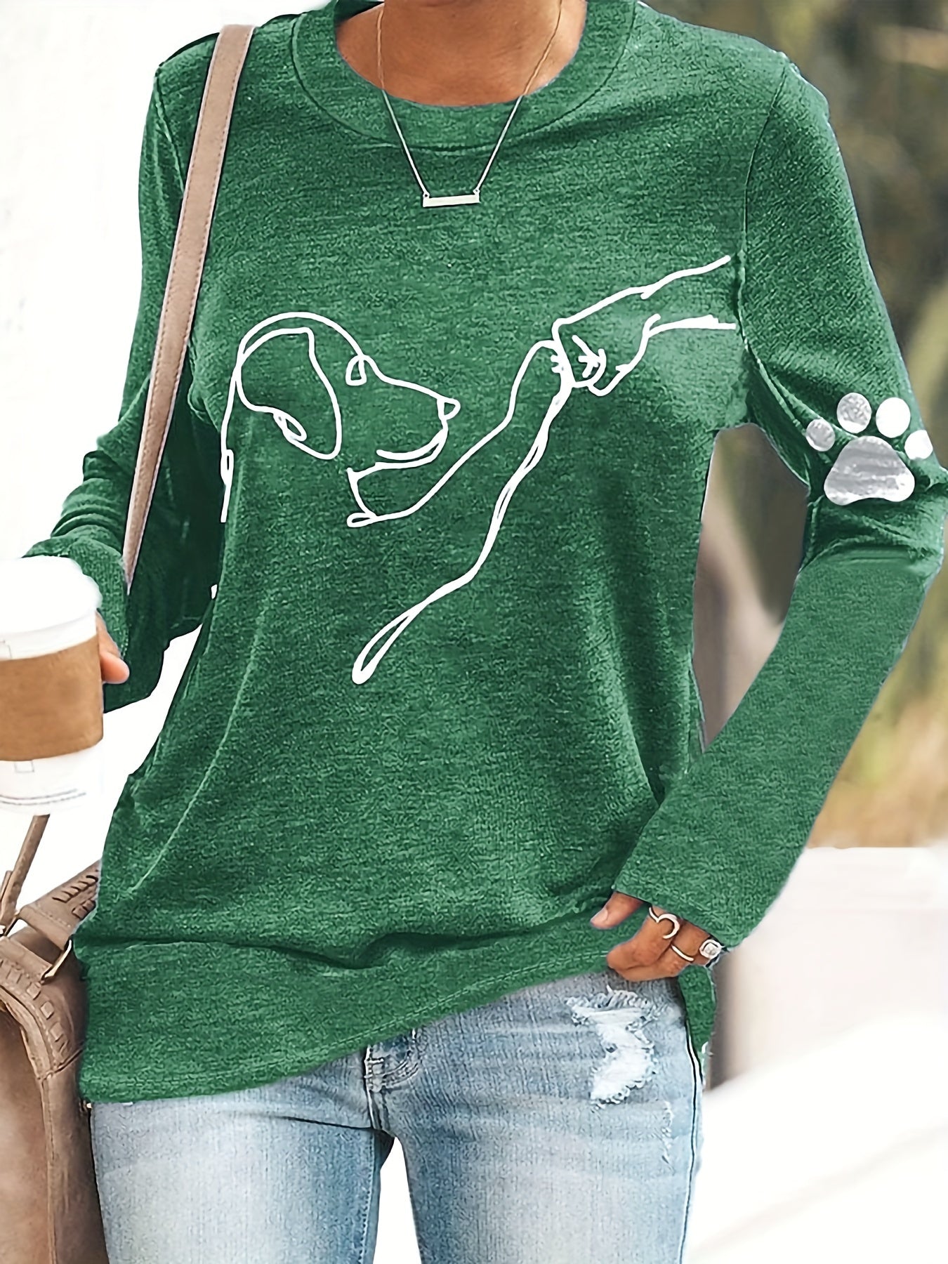 Dog & Paw Print T-shirt, Casual Long Sleeve Top For Spring & Fall, Women's Clothing