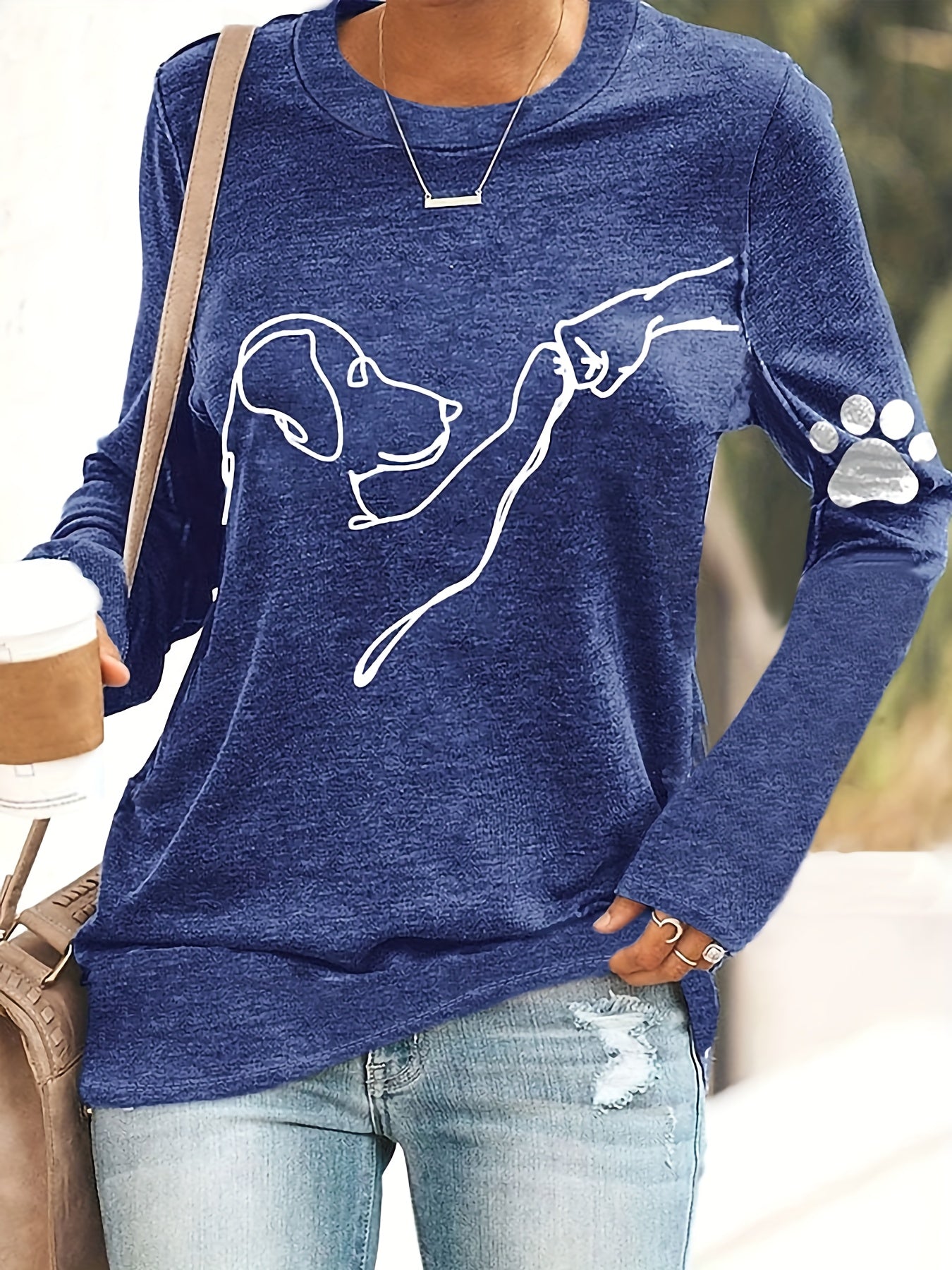 Dog & Paw Print T-shirt, Casual Long Sleeve Top For Spring & Fall, Women's Clothing