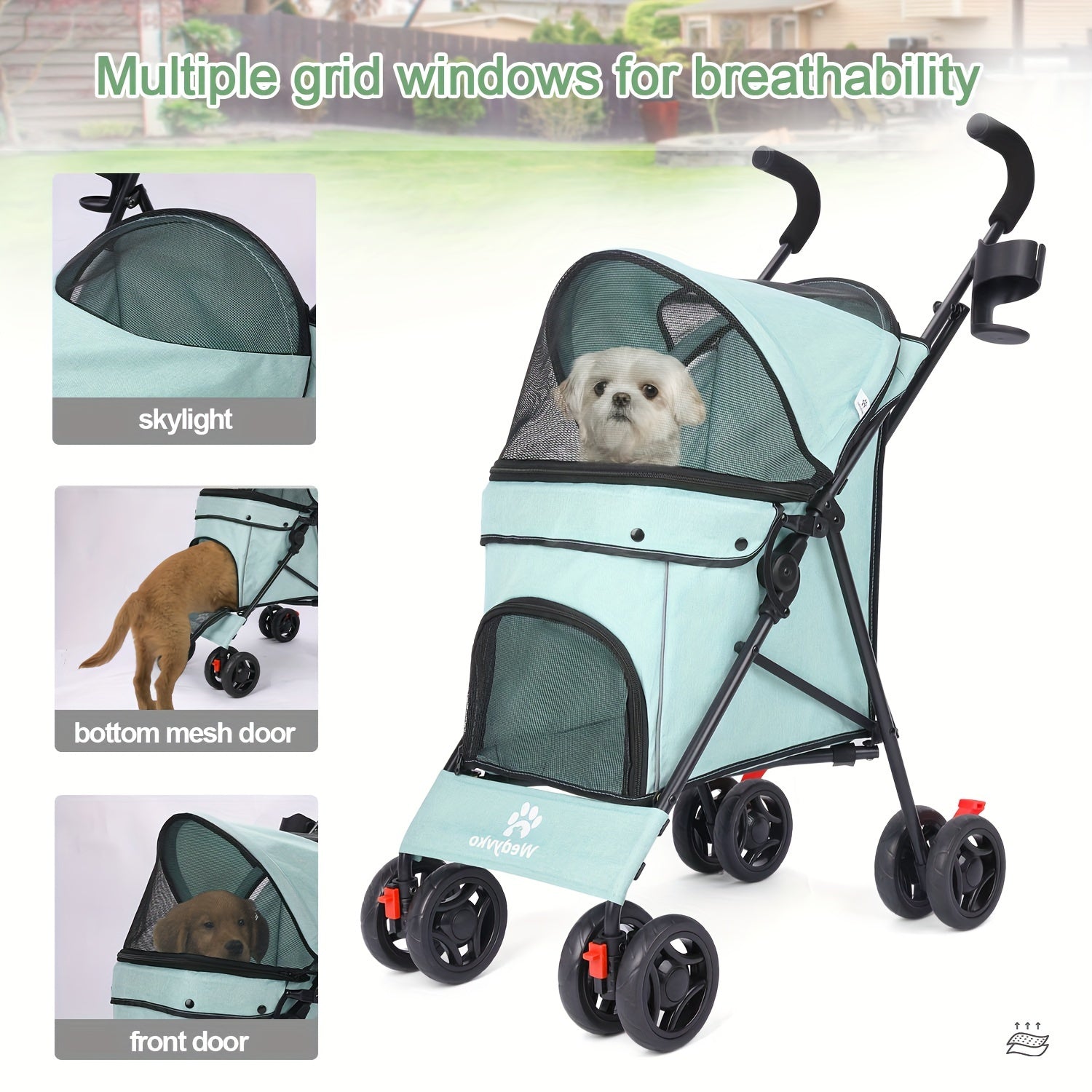 Pet Stroller for Medium Dogs Up to 33 Lbs - Folding, 4-Wheel, 360 Rotating Front Wheels, Cup Holder, and Ideal for Outdoor Walking